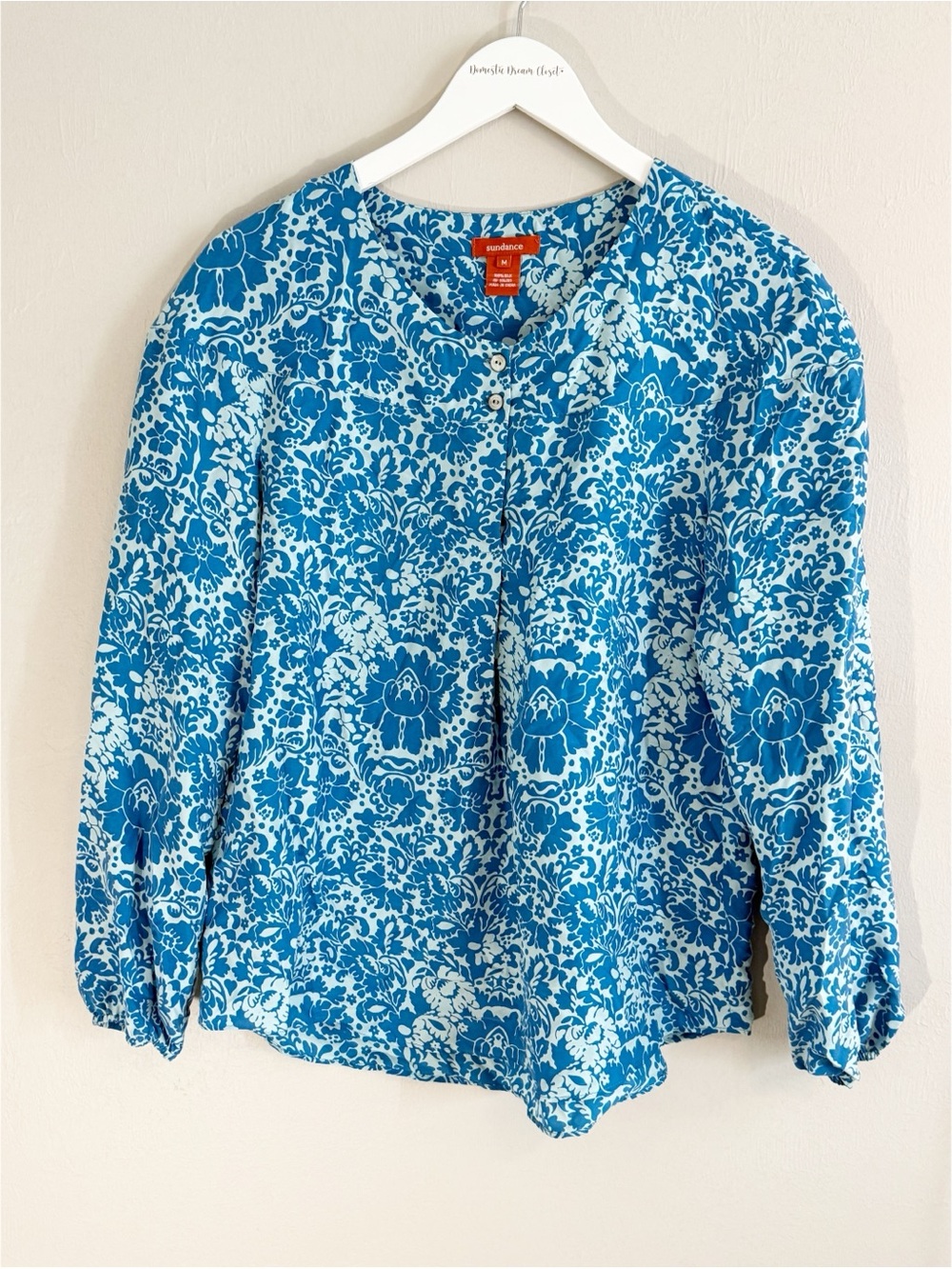 SUNDANCE CATALOG Women’s Two Tone Blue Floral Medallion Silk Popover Blouse Sz M